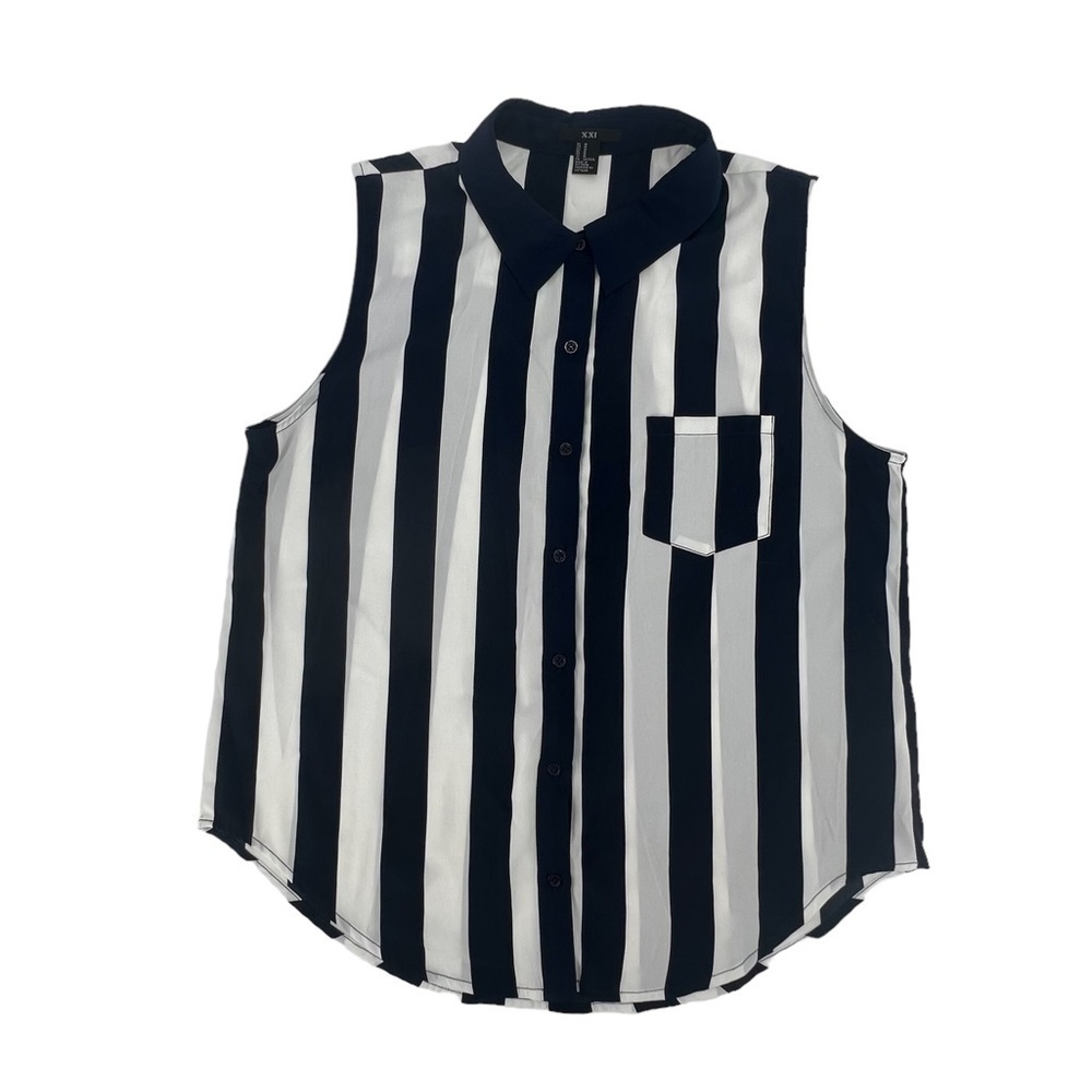 XXI Blue White Striped Sleeveless Pointed Collar V-Neck Blouse Size Med Women’s